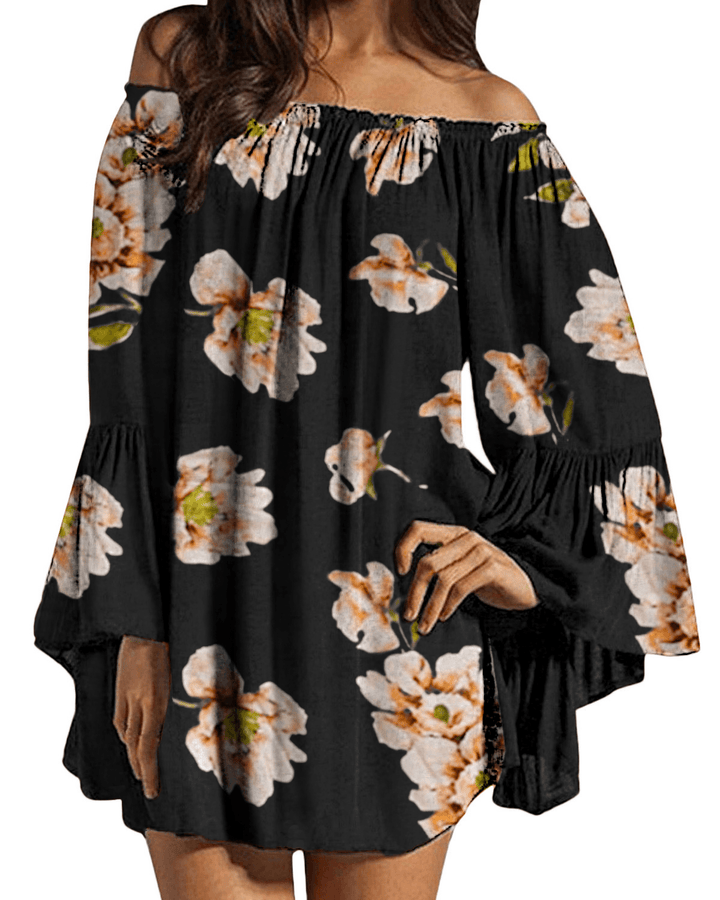 Women off Shoulder Floral Print Ruffle Sleeve Blouse Mini Dress - MRSLM