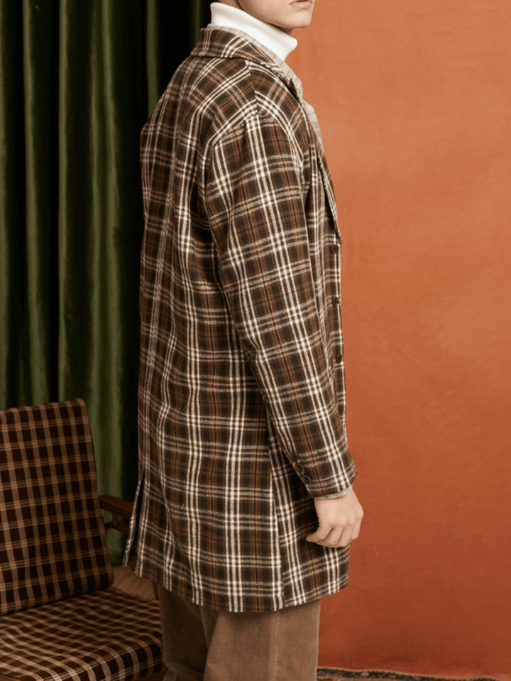 Men Plaid Woolen Single-Breasted Flat Collar Long Trench Pockets Causal Coats - MRSLM