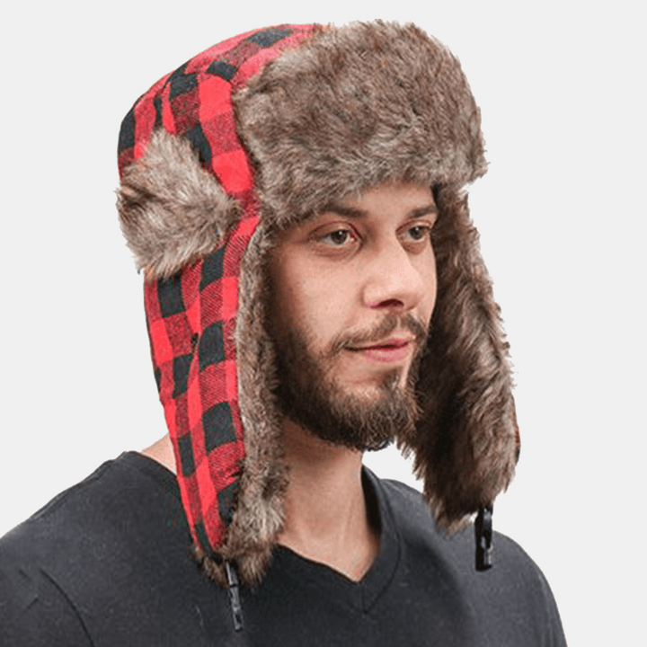 Men Plush Plaid Soviet Badge Windproof Waterproof Ushanka Hat Outdoor Sport Thicken Ear Protection Warm Trapper Hat - MRSLM