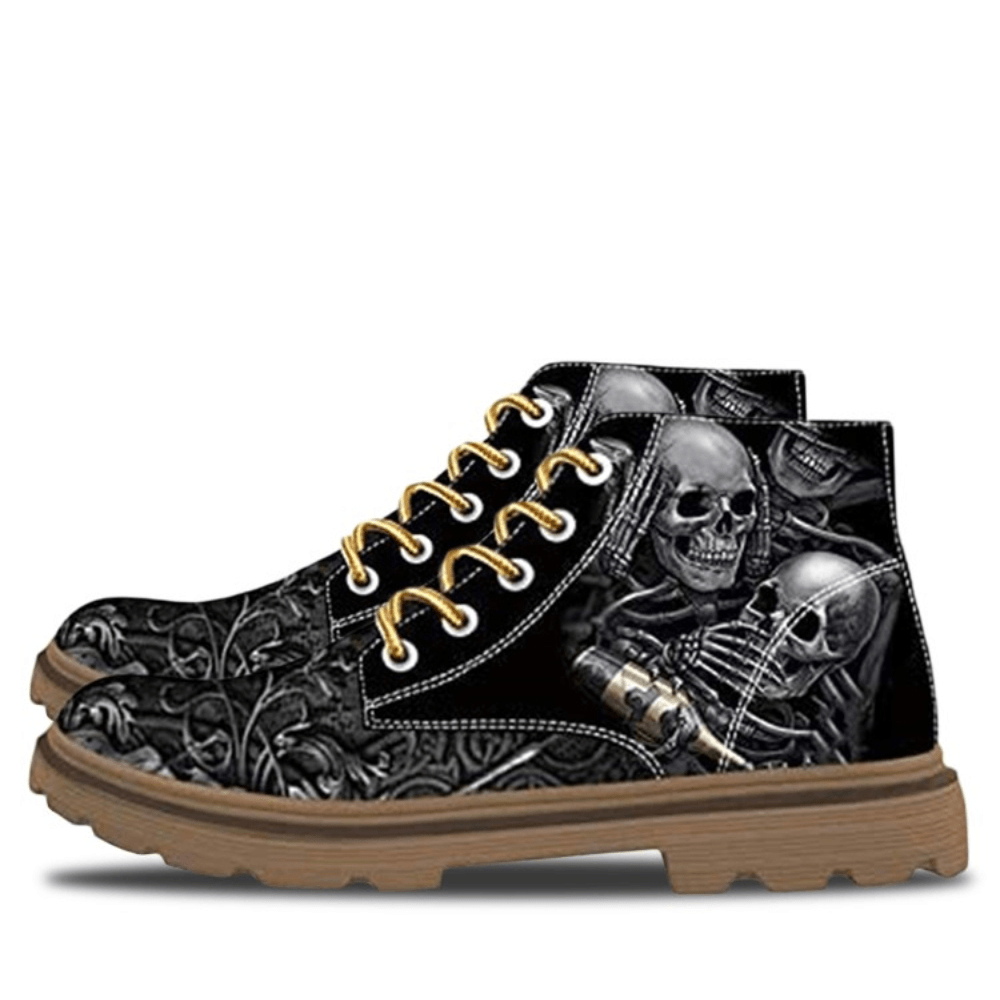 Men Leather Halloween Soft Sole Skull Printing Casual Ankle Boots - MRSLM