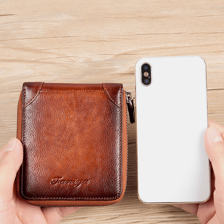 Men First Layer Cowhide RFID Anti-Magnetic Zipper Wallet Short Bifold 7 Card Slot Card Case Driver License Wallet - MRSLM