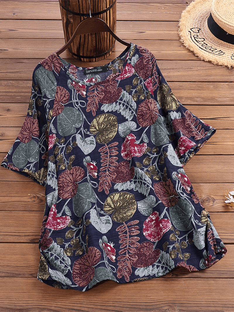 Women Plant Leaf Print round Neck Casual Relaxed Half Sleeve Blouses - MRSLM