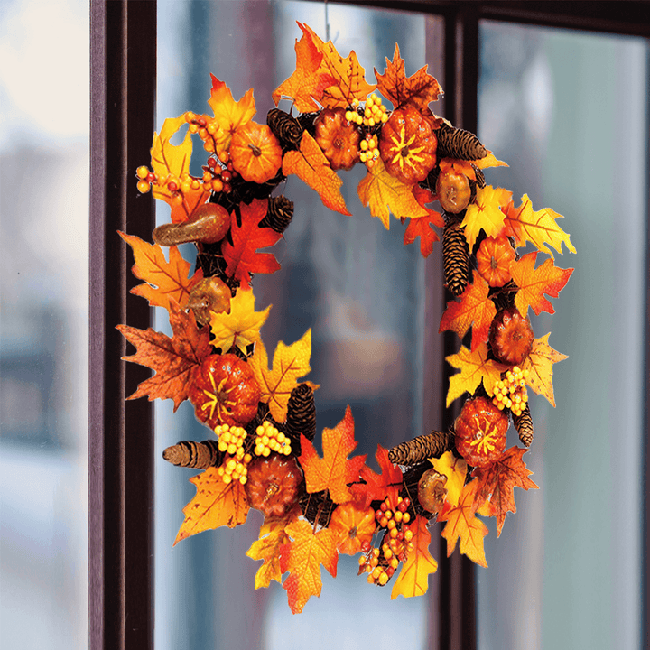 60Cm Christmas Maple Leaves Pumpkin Berry Wreath Garland Door Hanging Craft Decorations - MRSLM