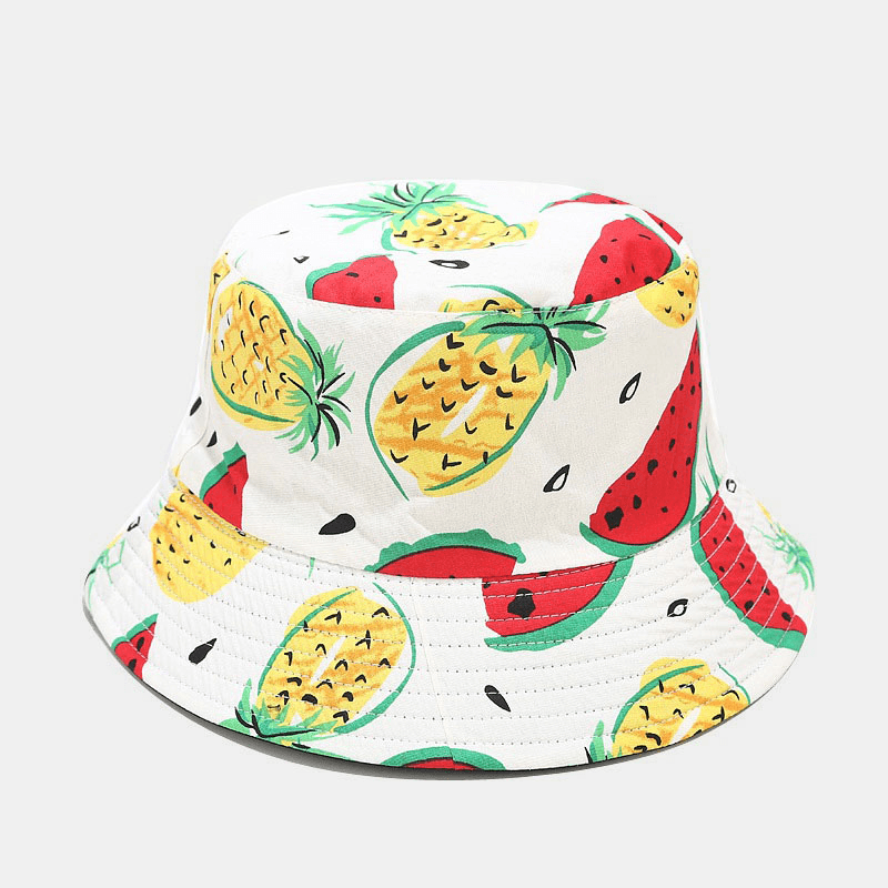 Unisex Cotton Fruit Pattern Watermelon Pineapple Printed Double-Sided Wearable Fashion Bucket Hat - MRSLM