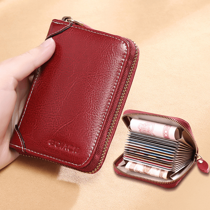 Women 12 Card Slots Rfid Genuine Leather Short Zipper Coin Purse Wallet - MRSLM