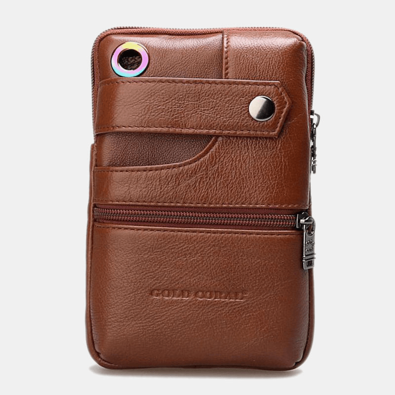 Men Genuine Leather Retro Business Double Layers 6.5 Inch Phone Bag Waist Bag with Belt Loop - MRSLM