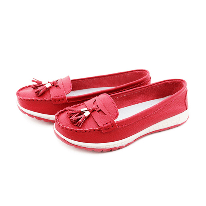 Casual Soft Leather Tassels Flat Shoes Slip on round Toe Loafer Shoes - MRSLM