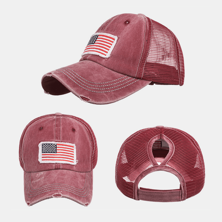 Unisex Washed American Flag Patch Ponytail Baseball Cap Mesh Breathable Casquette Summer Snapback Hat - MRSLM