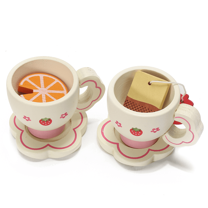 Wooden Kids Simulation Tea Set Role Game Kitchen Toys Pretend Ice Cream Cups Cooking Set Teapot Tray Bowl Gifts Improve Practical＆Thinking Ability - MRSLM