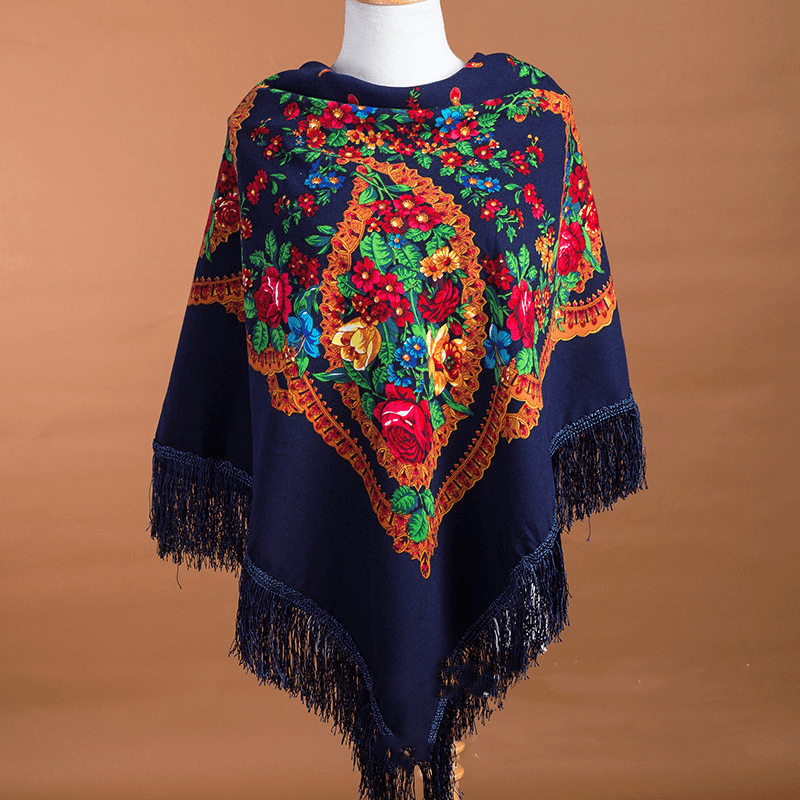 Large Square Scarf Shawl with Ethnic Print Tassels to Keep Warm - MRSLM