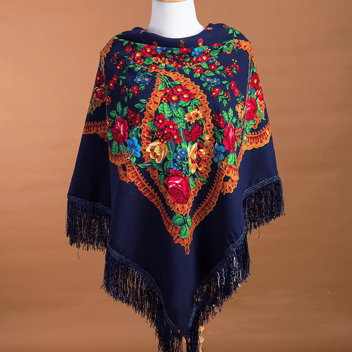 Large Square Scarf Shawl with Ethnic Print Tassels to Keep Warm - MRSLM