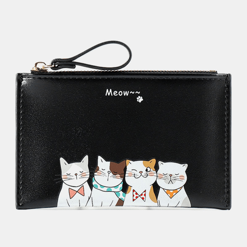 Women Faux Leather Cute Cartoon Cats Printing Ultra-Thin Card Case Coin Bag Wallet - MRSLM