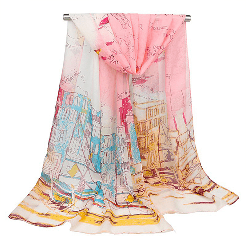 Women'S Georgette Silk Soft Scarves Shawl High Quality Oil Painting Print Long Scarf - MRSLM