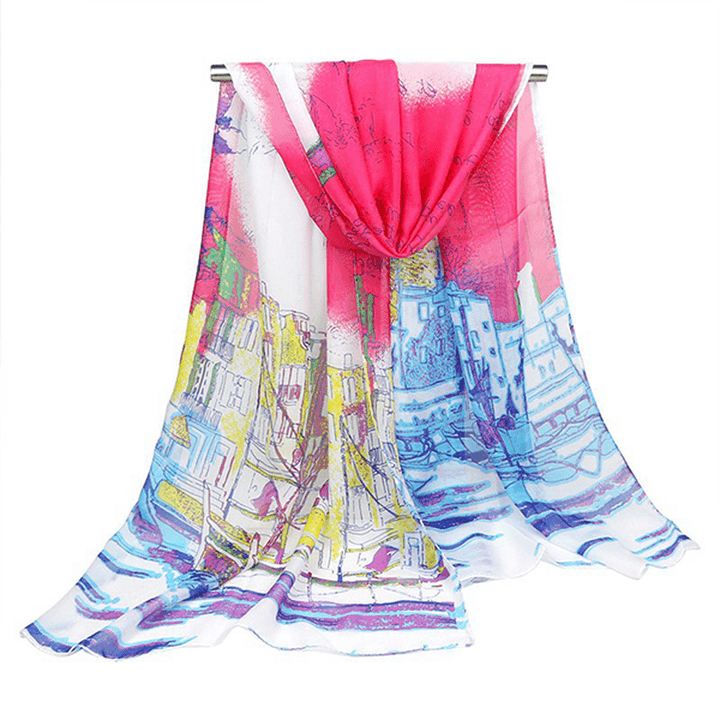 Women'S Georgette Silk Soft Scarves Shawl High Quality Oil Painting Print Long Scarf - MRSLM