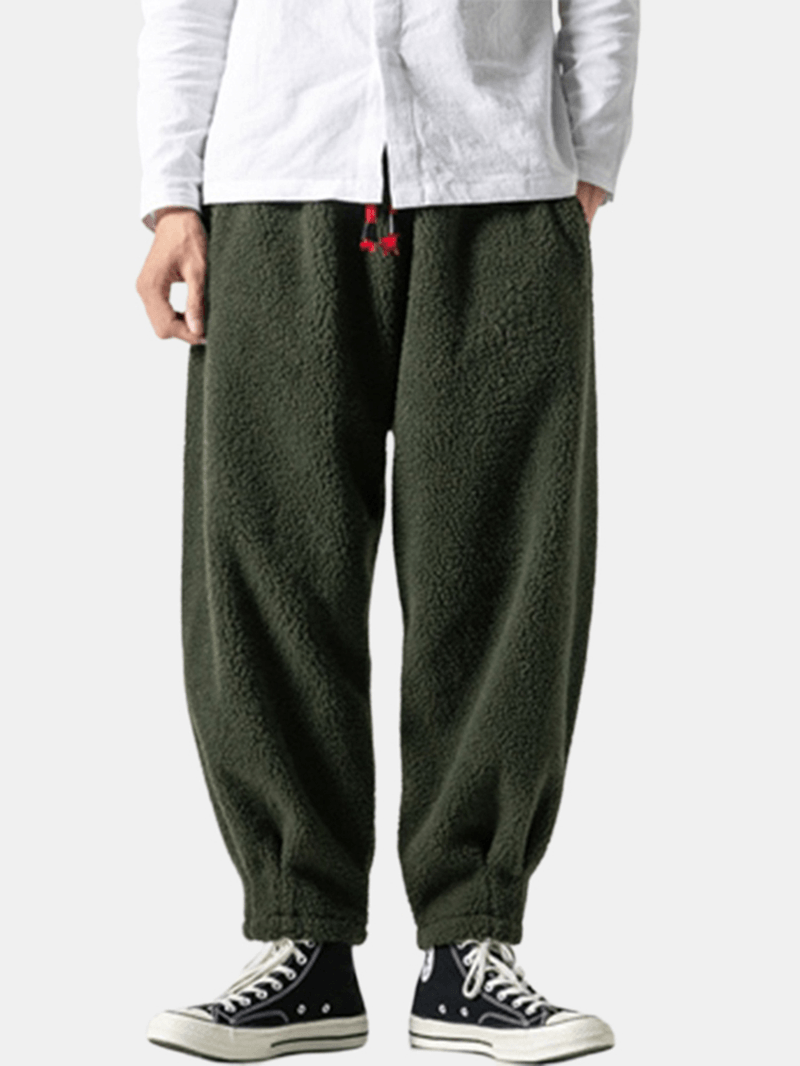 Mens Fleece Warm Thickened Chinese Style Loose Drawstring Wool Harem Pants - MRSLM