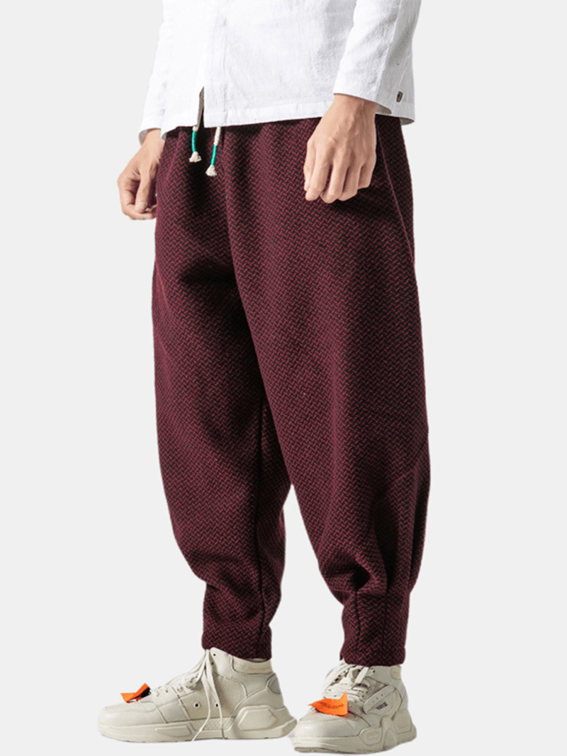 Mens Herringbone Warm Thick Drawstring Jogger Pants with Pocket - MRSLM