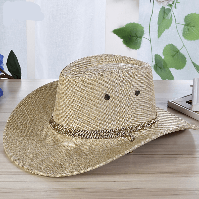 Men'S Linen Solid Color Cool Western Cowboy Male Cycling Hat Accessories Sunscreen - MRSLM