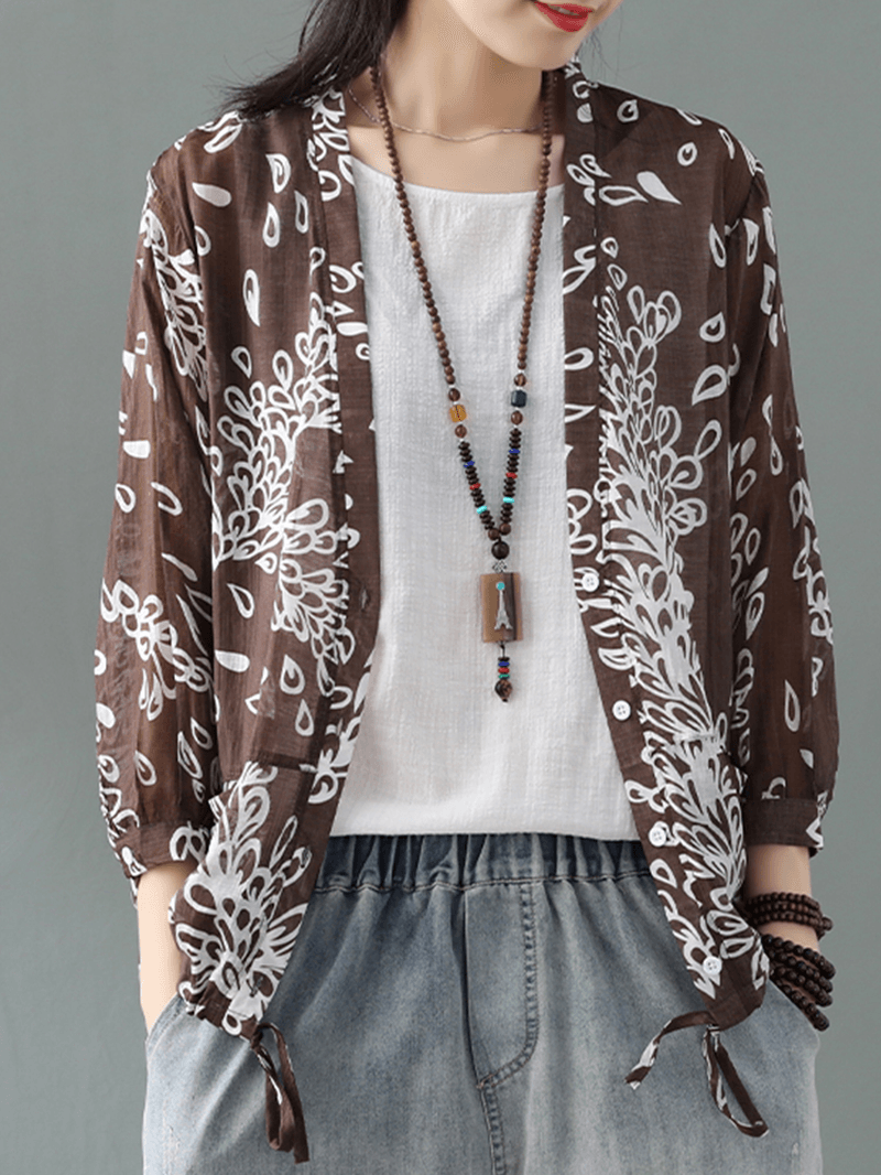 Long Sleeve Print Bandage Vintage Kimono Blouse for Women - MRSLM