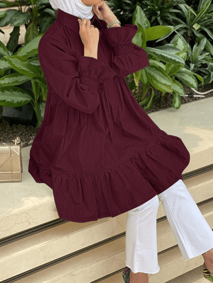 Women Half Button Lapel Tiered Ruffle Sleeve Solid Casual Blouses - MRSLM