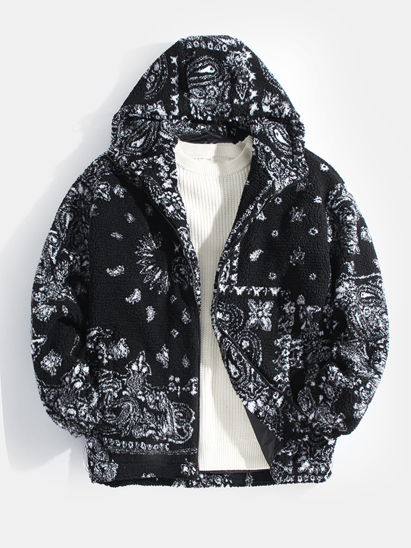 Mens Baroque Print Warm Sherpa Ethnic Style Hooded Jacket with Pocket - MRSLM