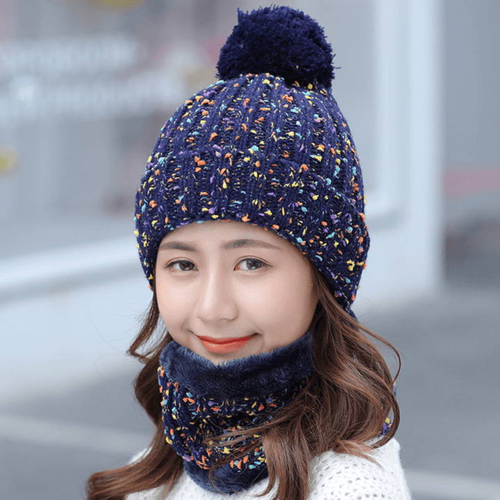 Thick Warm Wool Cap Bib Two-Piece Set Beanie Warm Winter Pom Cap - MRSLM