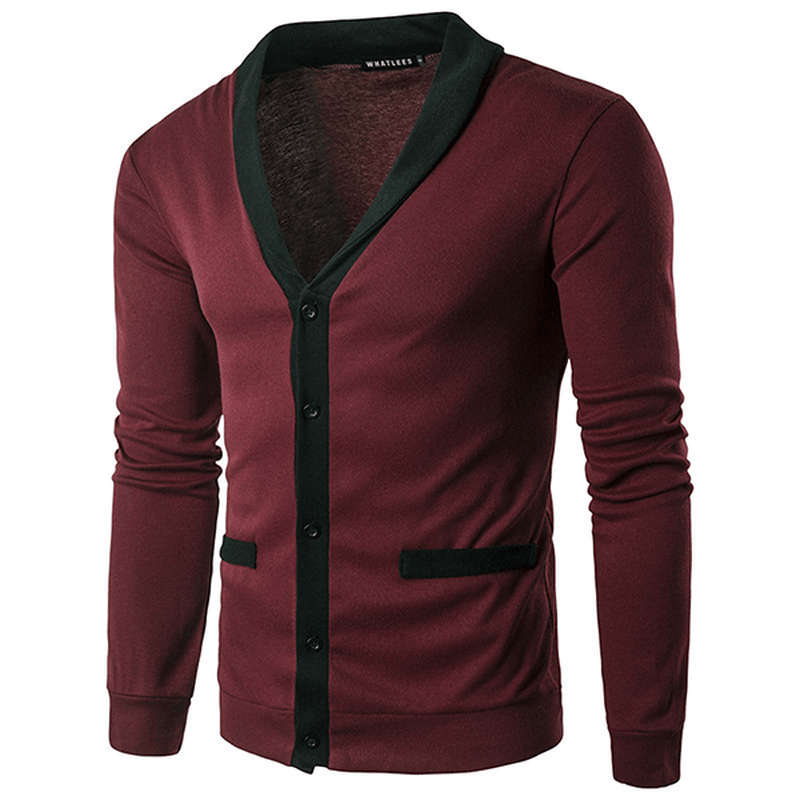 Classic Brief Fashion Neckline Sweatershirt Men'S Single-Breasted Hit Color Knitting Cardigan - MRSLM