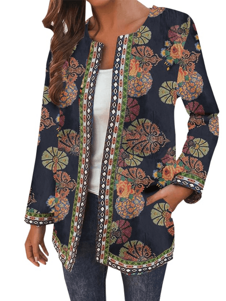 Women 100% Cotton Bohemian Leisure Flowers Contrast Color Side Pockets Coat - MRSLM