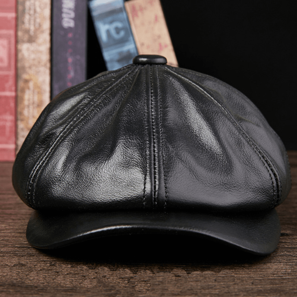 Men Genuine Leather Cowhide Retro Fashion Octagonal Hat Newsboy Hat Beret Hat Flat Hat - MRSLM
