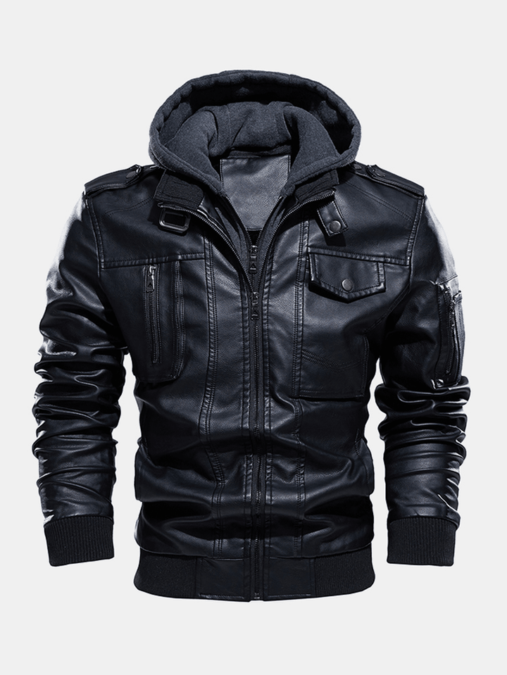 Mens Hooded Zipper Pocket Washing PU Leather Jackets - MRSLM