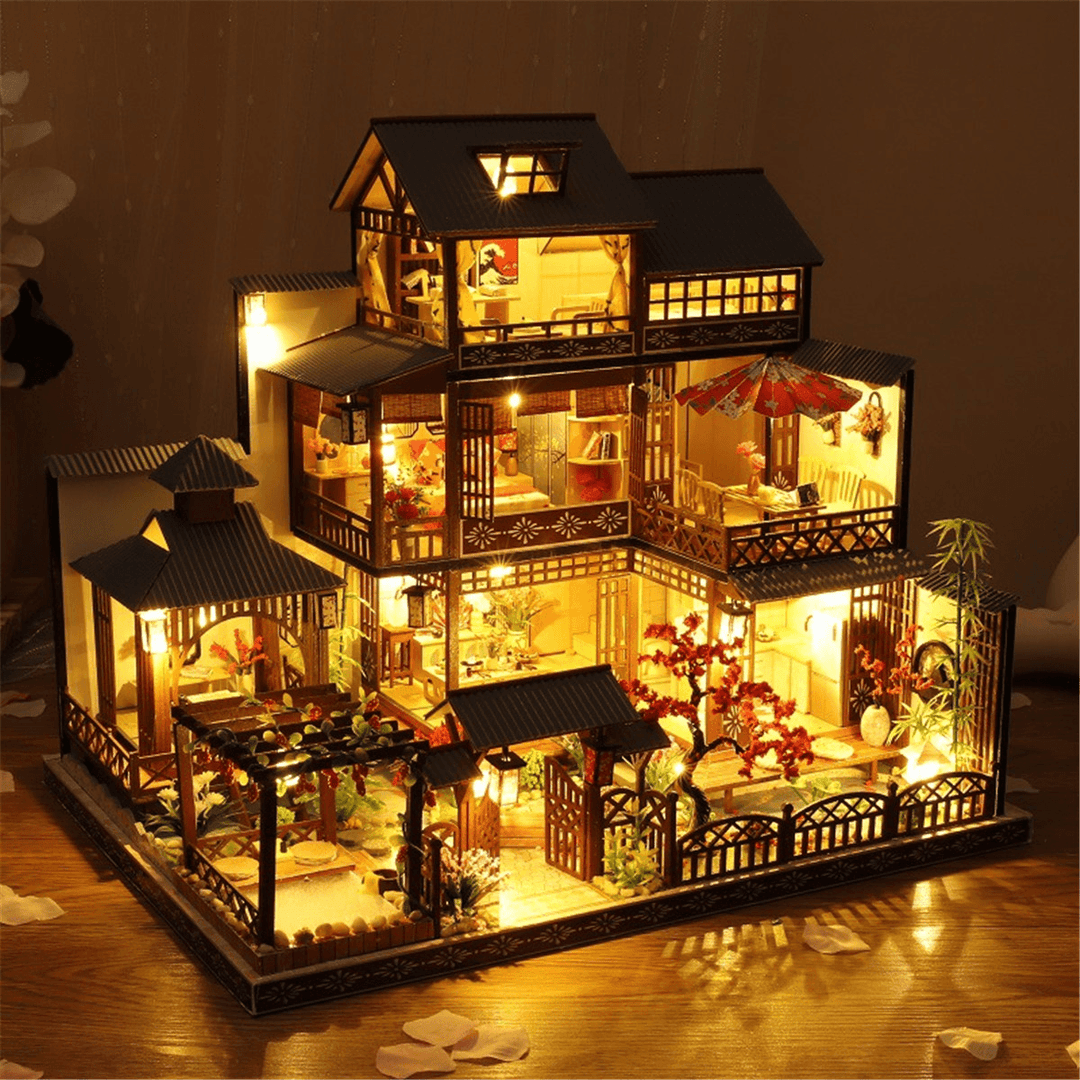 Wooden DIY Japanese Villa Doll House Miniature Kits Handmade Assemble Toy with Furniture LED Light for Gift Collection Home Decor - MRSLM