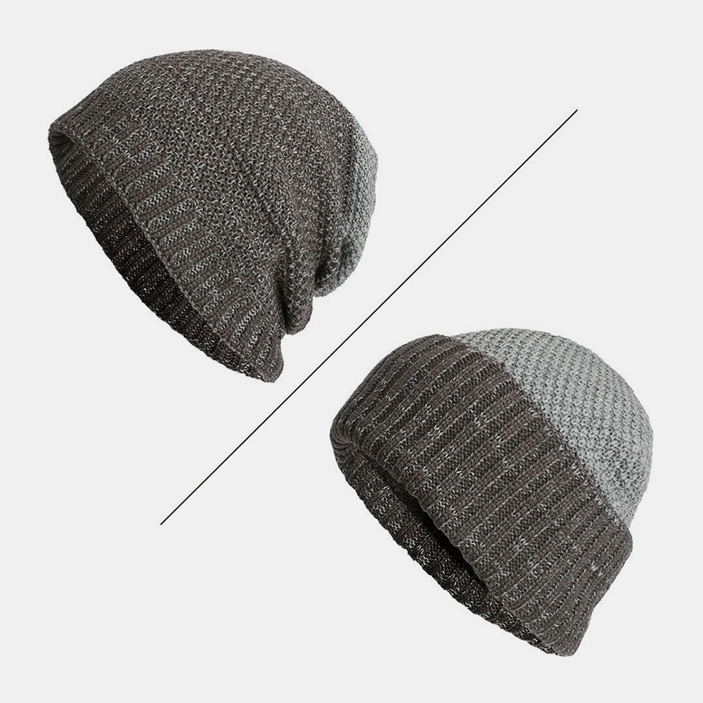 Men Polyester Cotton Autumn Winter plus Velvet Warmth Dual-Use Two-Color Knitted Hat Beanie Hat - MRSLM