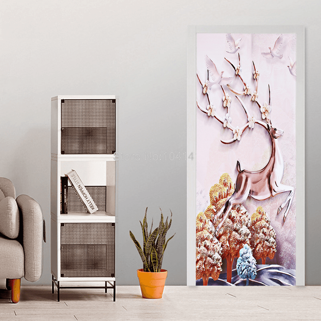 3D Door Wall Sticker Fridge Deer Sticker Wrap Mural Decal Art Decor Self Adhesive Room - MRSLM