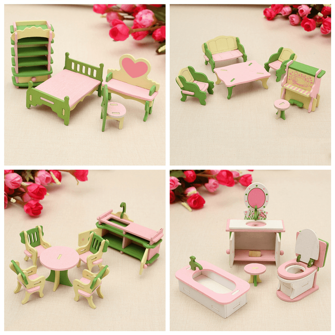 Wooden Furniture Set Doll House Miniature Room Accessories Kids Pretend Play Toy Gift Decor - MRSLM