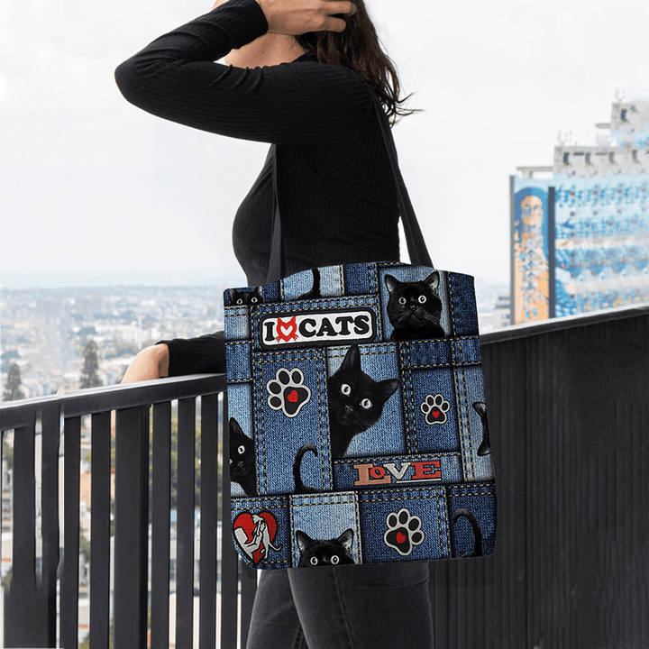 Women Felt Cartoon Black Cat Lattice Frame Pattern Shoulder Bag Handbag Tote - MRSLM