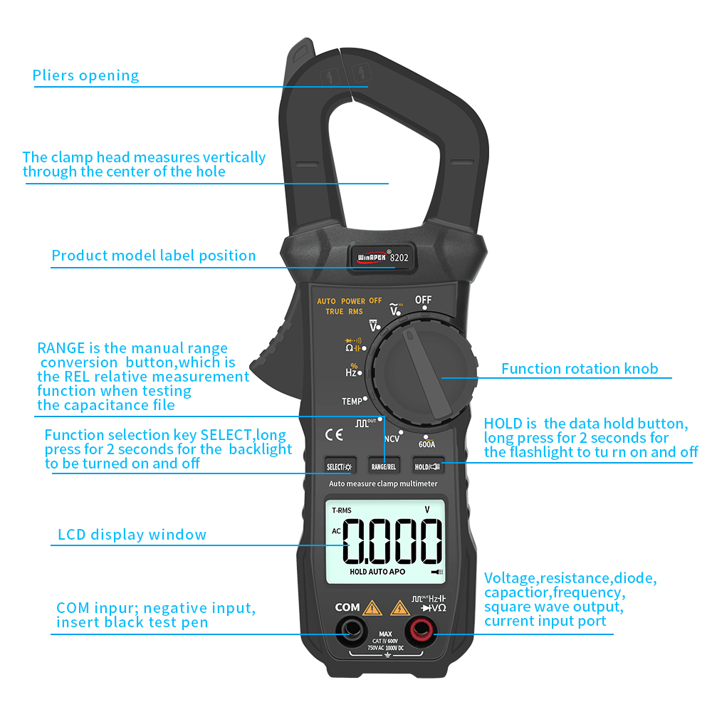 Winapex 8202 Pocket 6000 Counts True RMS Clamp Meter AC Voltage&Current Digital Multimeter Automatic Digital Meter with Square Wave Output Ω/V/A/Diode/Frequency/Continuity Test - MRSLM