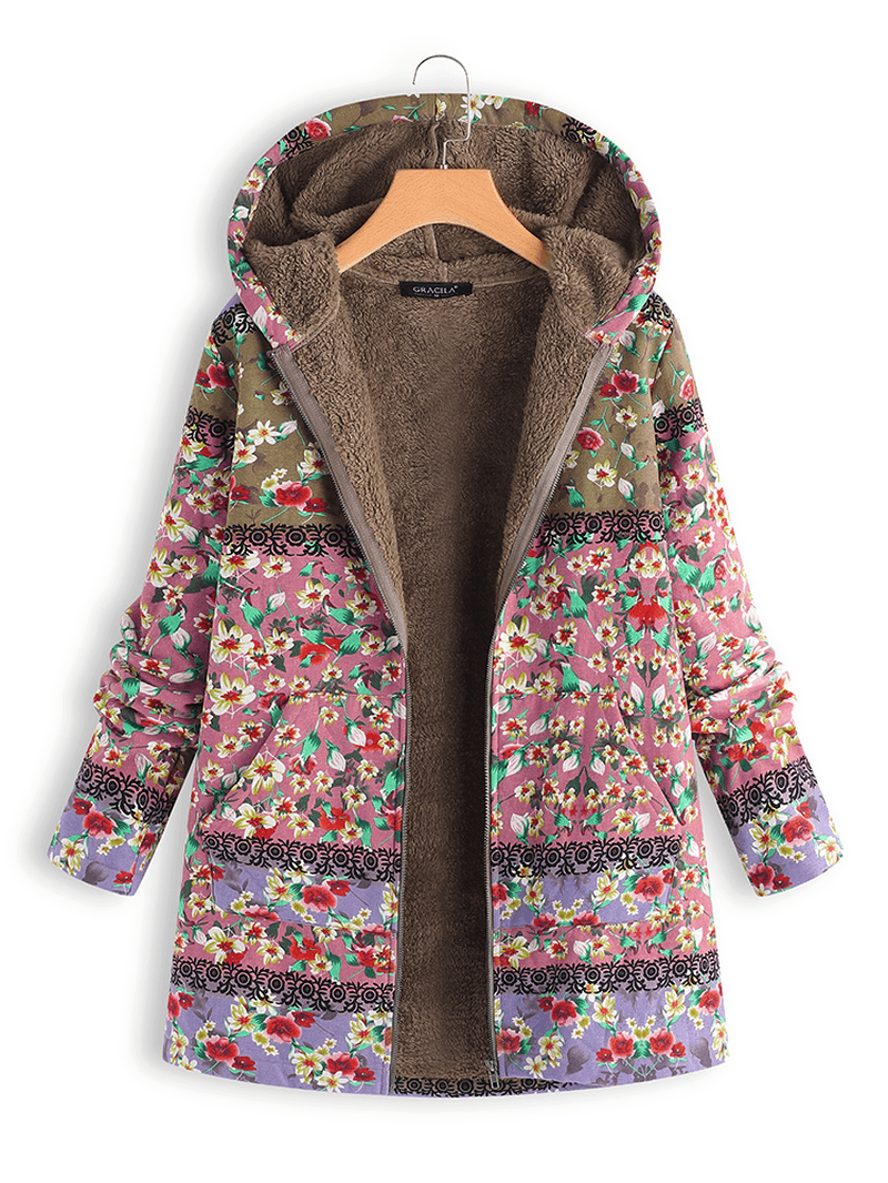 Vintage Women Patchwork Floral Printed Hooded Long Sleeve Coats - MRSLM