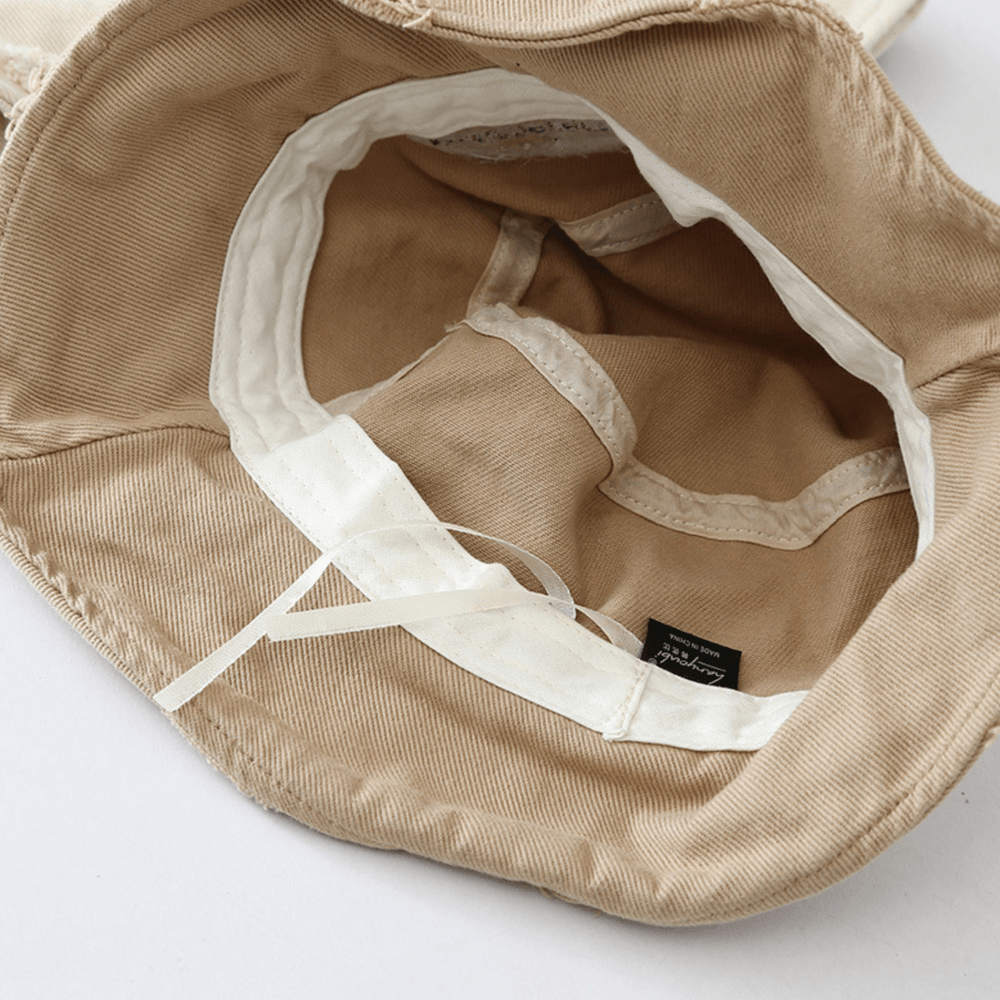 Unisex Wide Brim Letter Embroidery Bucket Hat Broken Hole Patch Summer Sunshade Adjustable Hat - MRSLM