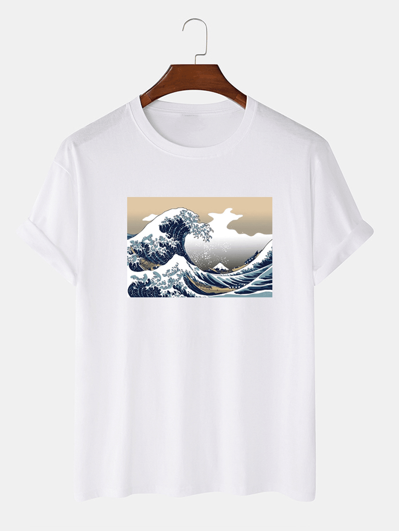 Mens Sea Wave Pattern Short Sleeve 100% Cotton Casual T-Shirts - MRSLM