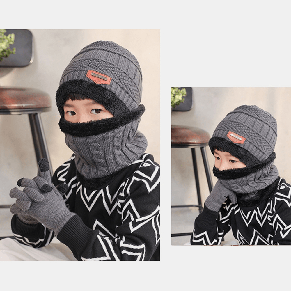 Men Child 3PCS Solid Color Keep Warm Sets Fashion Casual Wool Hat Beanie Scarf Full-Finger Gloves - MRSLM