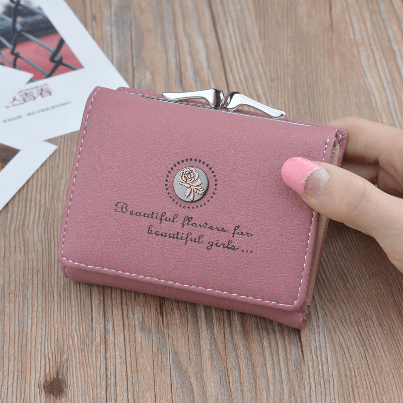 Women PU Leather Floral Clutch Short Solid Buckle Ladies Wallet Mini Portable Credit Card Purse - MRSLM