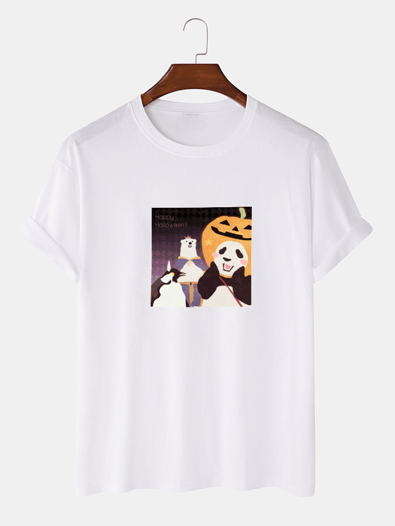 Mens 100% Cotton Halloween Cartoon Panda Print Crew Neck Short Sleeve T-Shirts - MRSLM