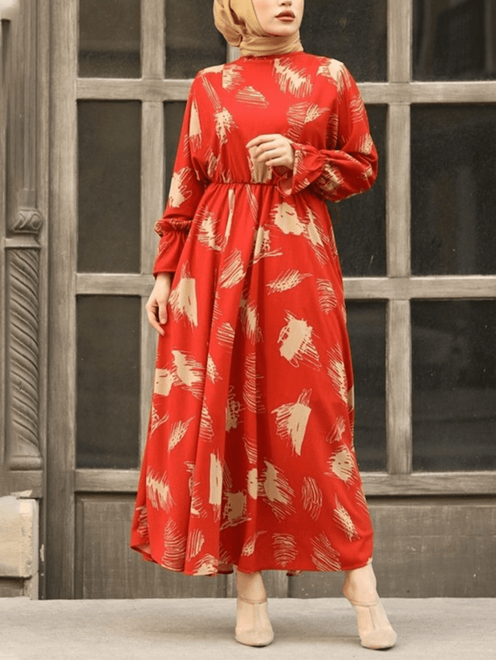 Printing Elastic Waist Ruffle Cuffs Holiday Casual Muslim Dress Abaya Kaftan for Women - MRSLM
