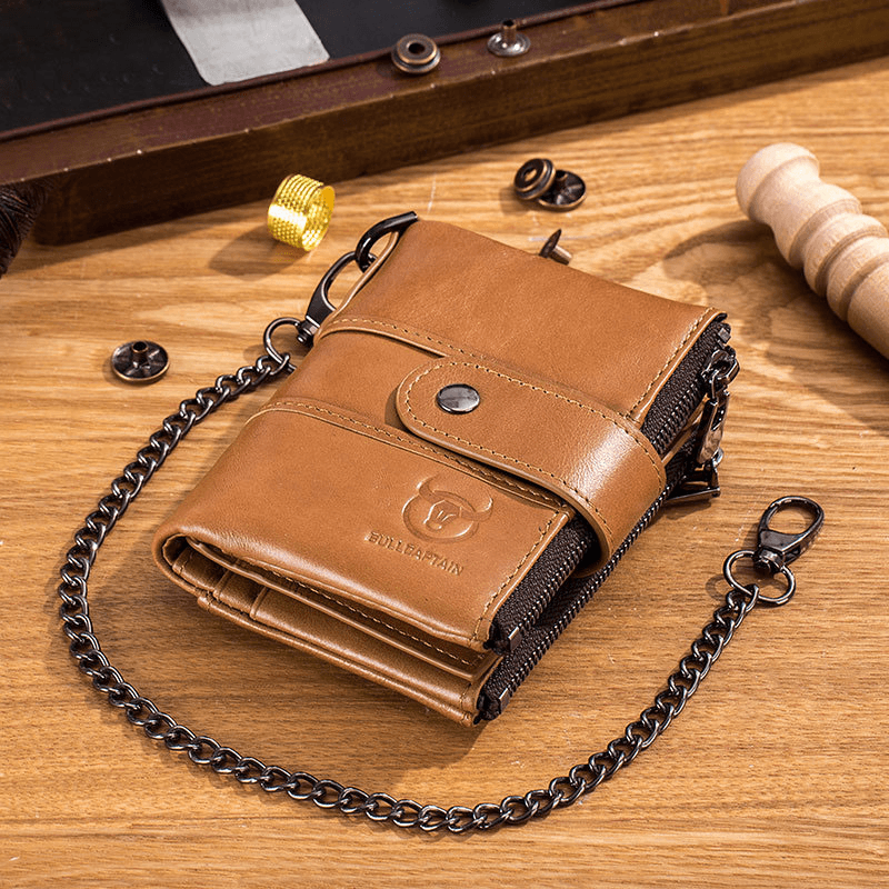 Bullcaptain Men Genuine Leather Vintage RFID Blocking Foldable Anti-Theft Chain Walllet Card Holder - MRSLM