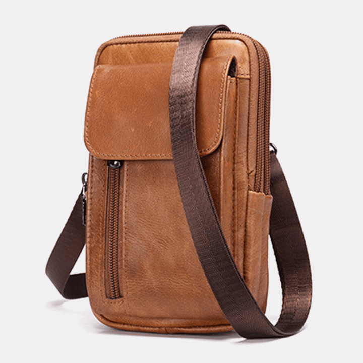 Men Retro Double Layer Cowhide Waist Bag Casual Wear-Resistant 6.5 Inch Phone Bag Belt Bag Crossbody Bag Shoulder Bag - MRSLM