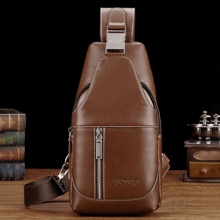 Men PU Leather Casual Multifunction Earphone Hole Crossbody Bag Chest Bag - MRSLM