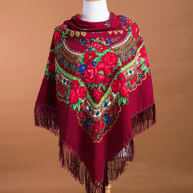 Large Square Scarf Shawl with Ethnic Print Tassels to Keep Warm - MRSLM