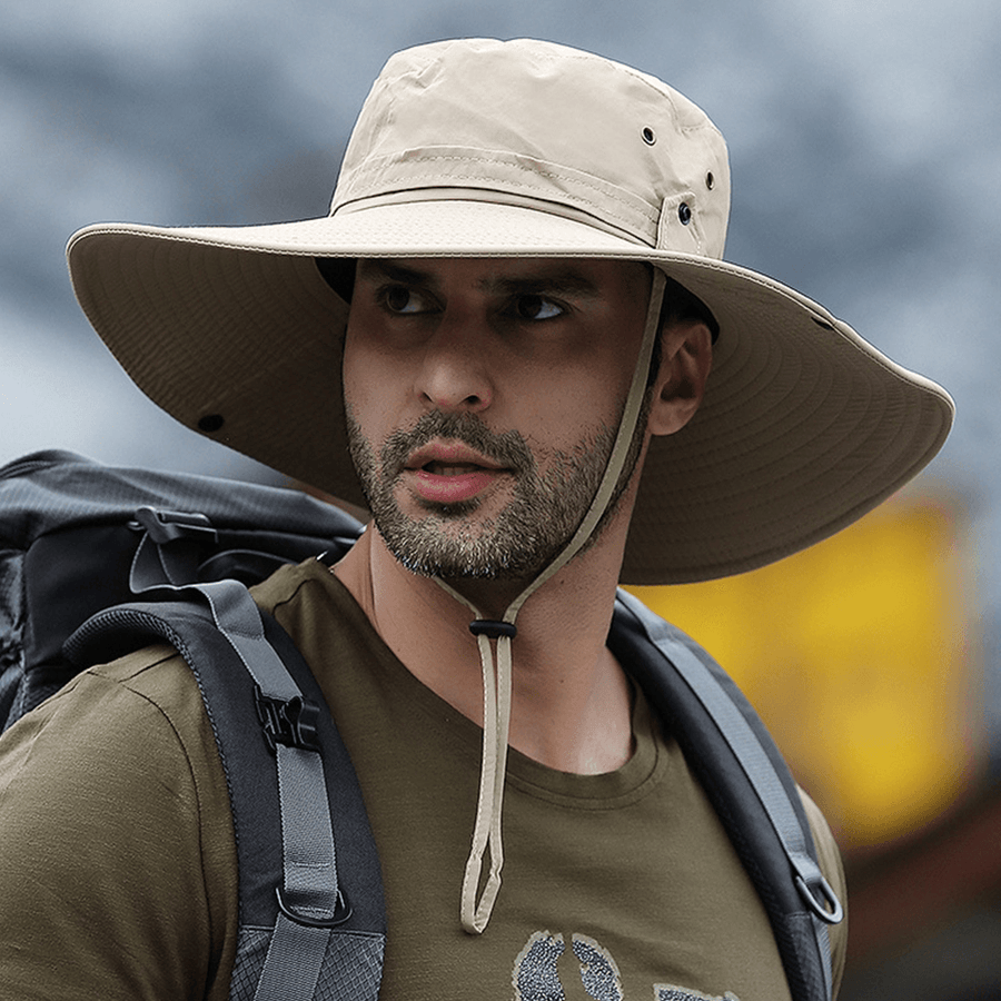 Men Wide Brim 12CM Outdoor Fishing Climbing UV Protection Sunshade Wear-Resistant Breathable Bucket Hat - MRSLM