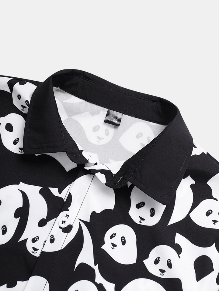 Mens Cartoon Panda Print Color Contrast Short Sleeve Shirt - MRSLM