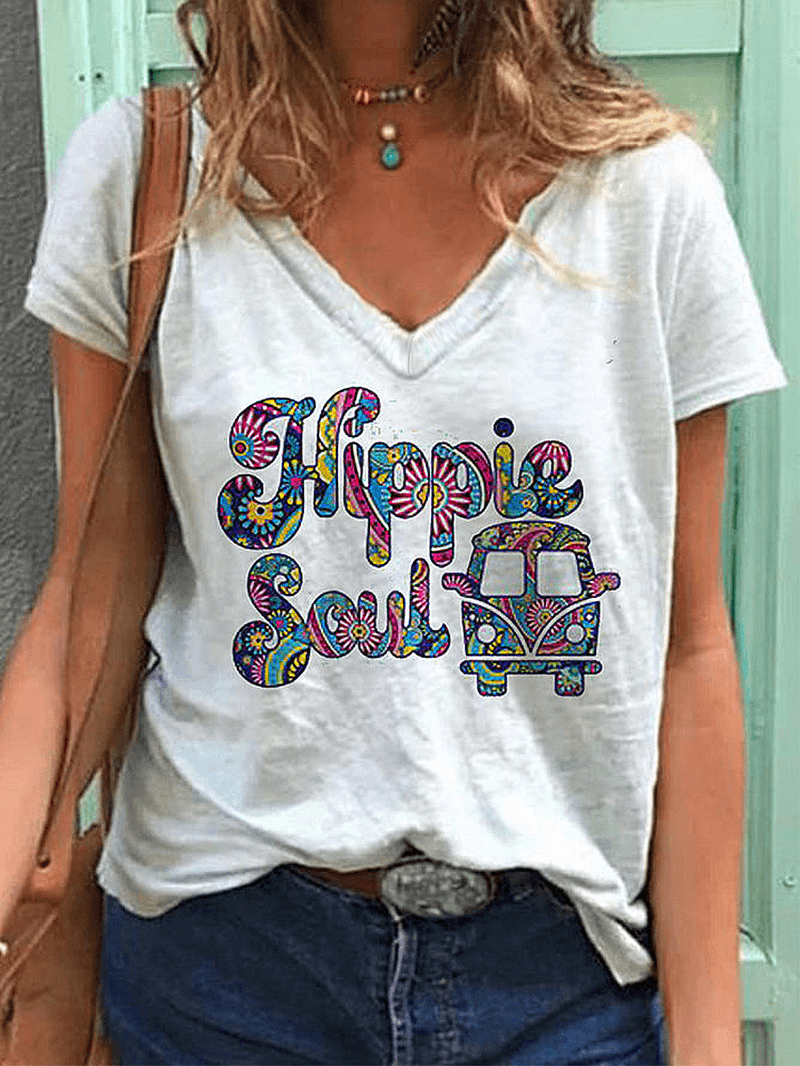 Daily Casual Floral Alphabet Car Print Wild Loose Women T-Shirts - MRSLM