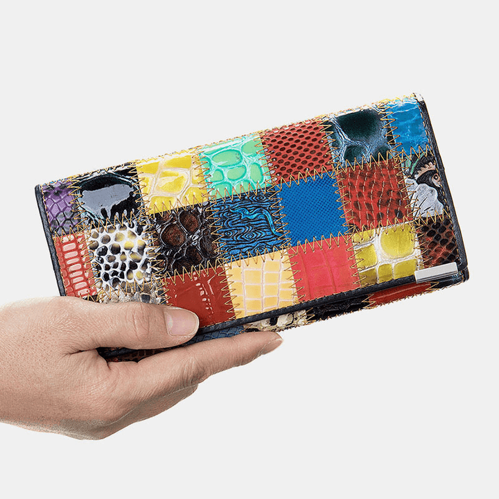 Women Genuine Leather Bifold Colored Geometric Pattern Multi-Card Slot Card Case Money Clip Coin Purse Long Clutch Wallets - MRSLM